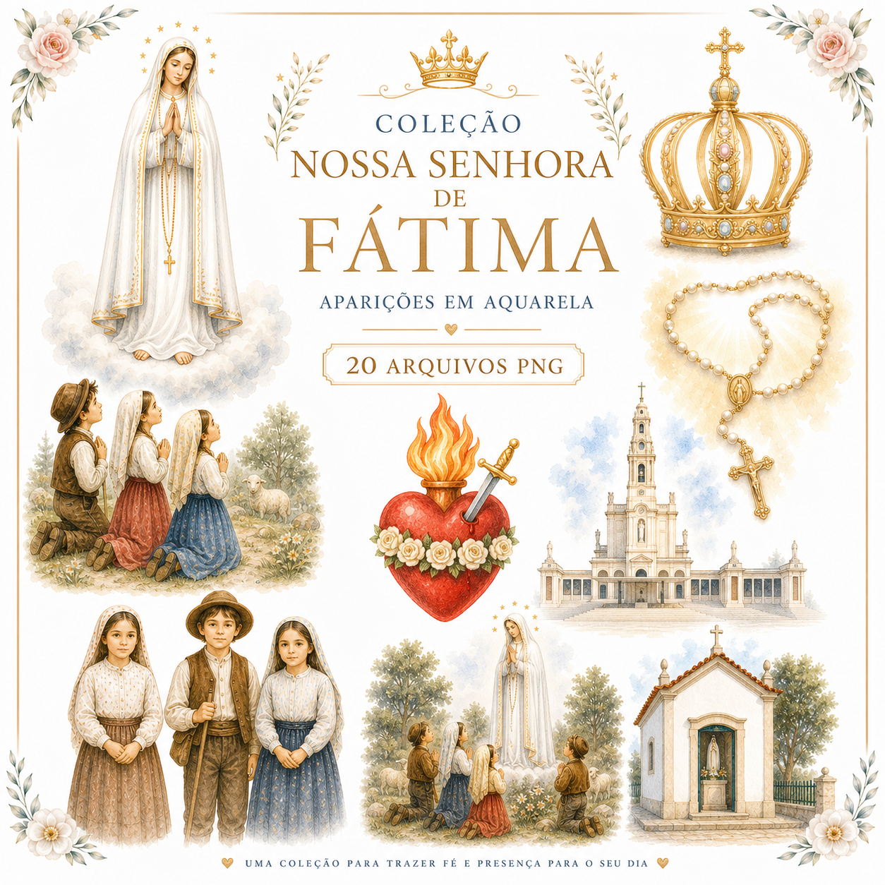 COLEÇÃO NOSSA SENHORA DE FÁTIMA Coleção Nossa Senhora de Fátima – Aparições em Aquarela para Imprimir | 20 Arquivos PNG - Imagem 1
