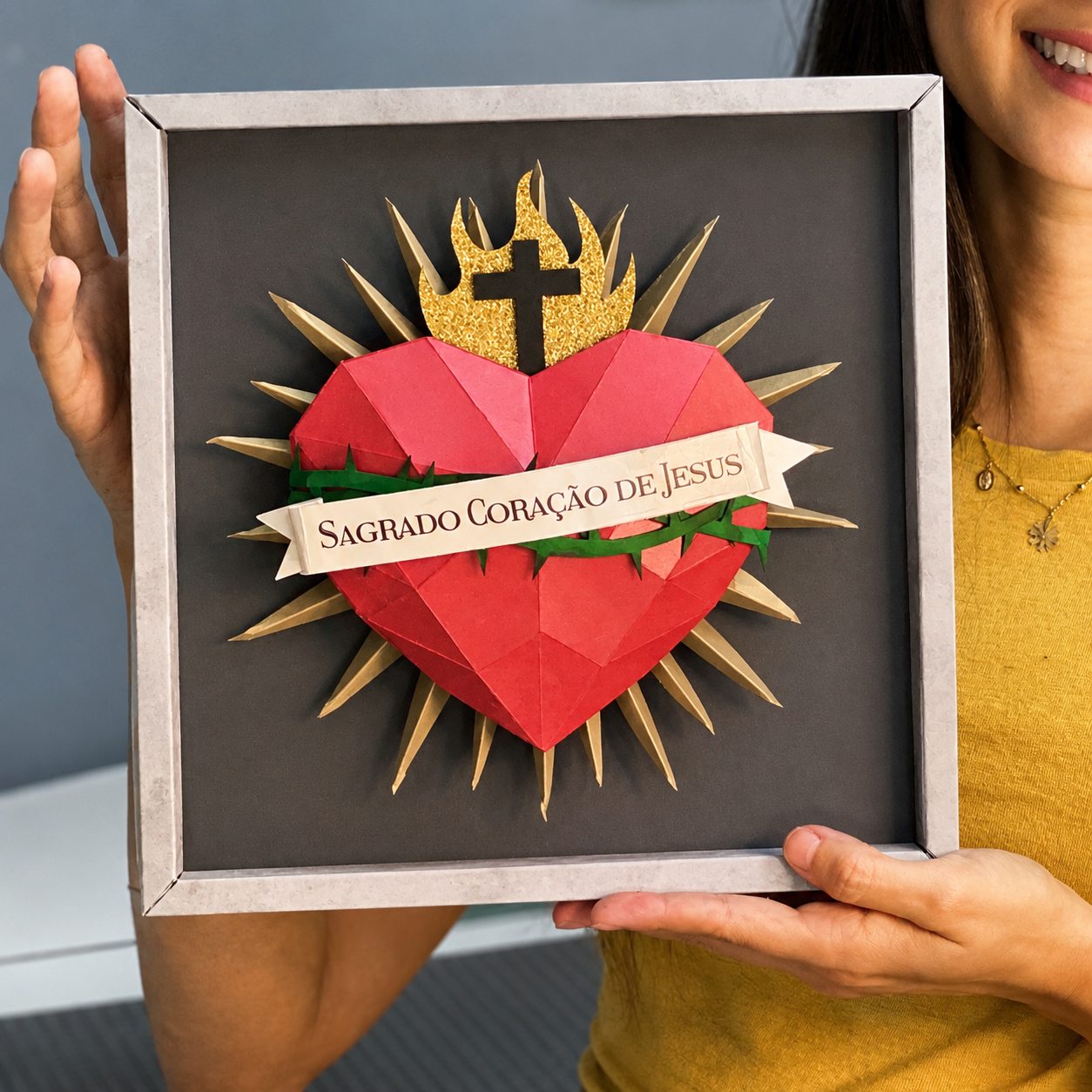 QUADRO SAGRADO CORACAO DE JESUS (1) Quadro Sagrado Coração de Jesus com Moldura de Papel | Arquivo de Corte Completo SVG PDF DXF - Imagem 1